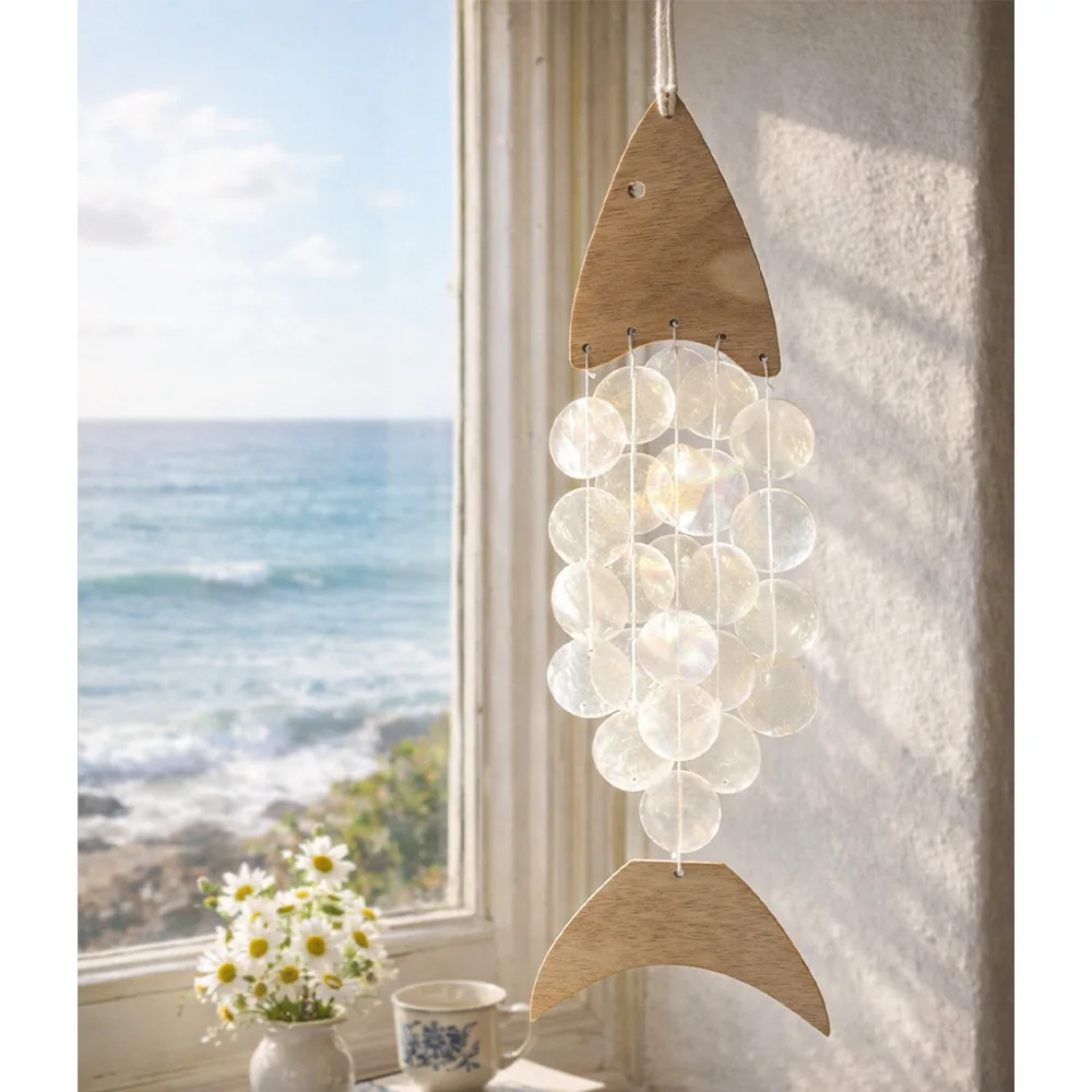 1pcs Ocean Animal Wood Acrylic Wall Hanging Natural Wood Shark Shape Clear Disc Ornament Boho Coastal Style Bedroom Homestay