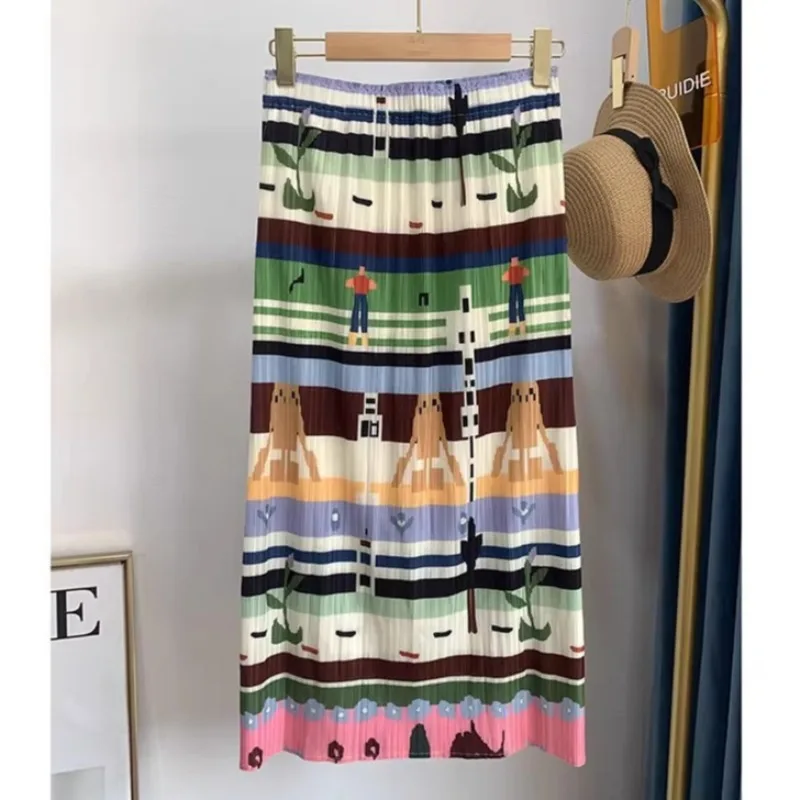 

Плиссированная юбка Miyake 2026: Новая летняя модель с принтом, средней длины, модная, повседневная, свободная, легкая, женская, для отпуска и пляжа