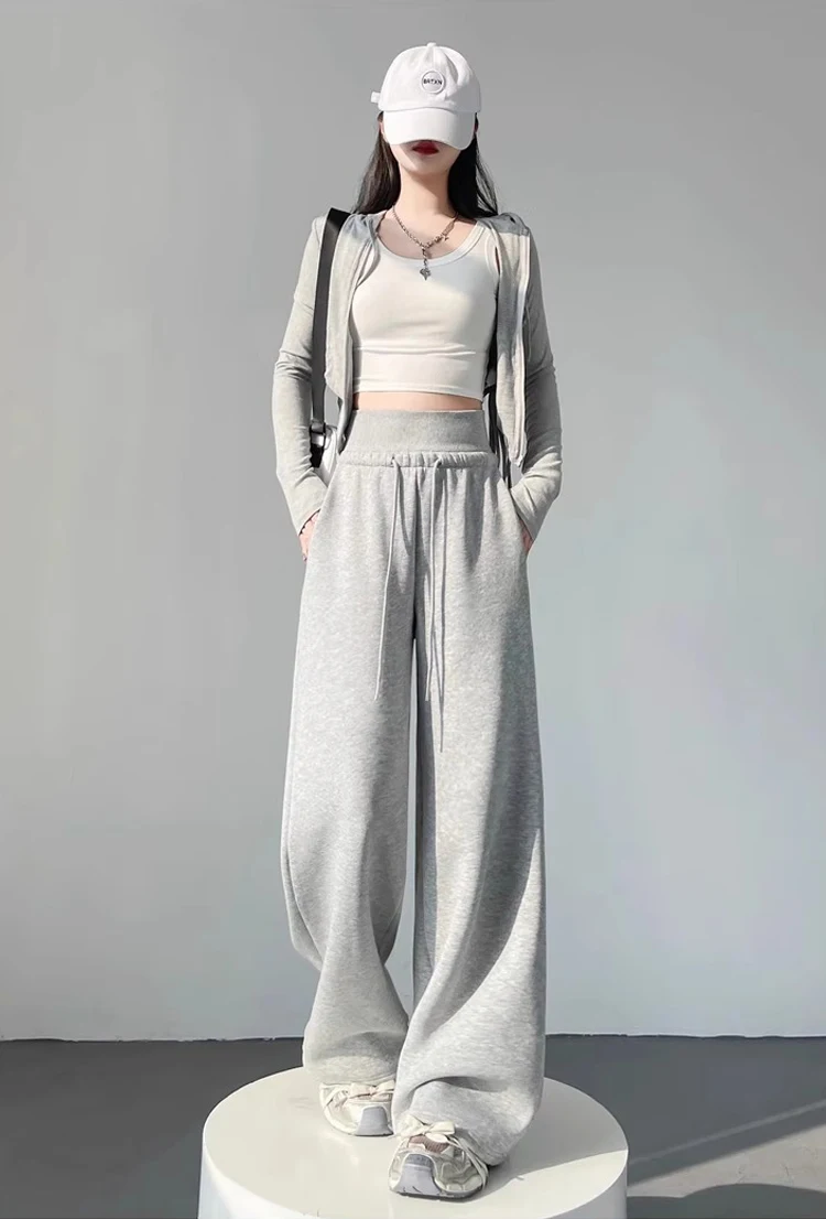 Damen Graue Sport-Hose mit Hoher Taille, Locker Sitzend, Schlankmachend, Gerades Bein, Weites Bein, Amerikanische Jogginghose – Detail 4