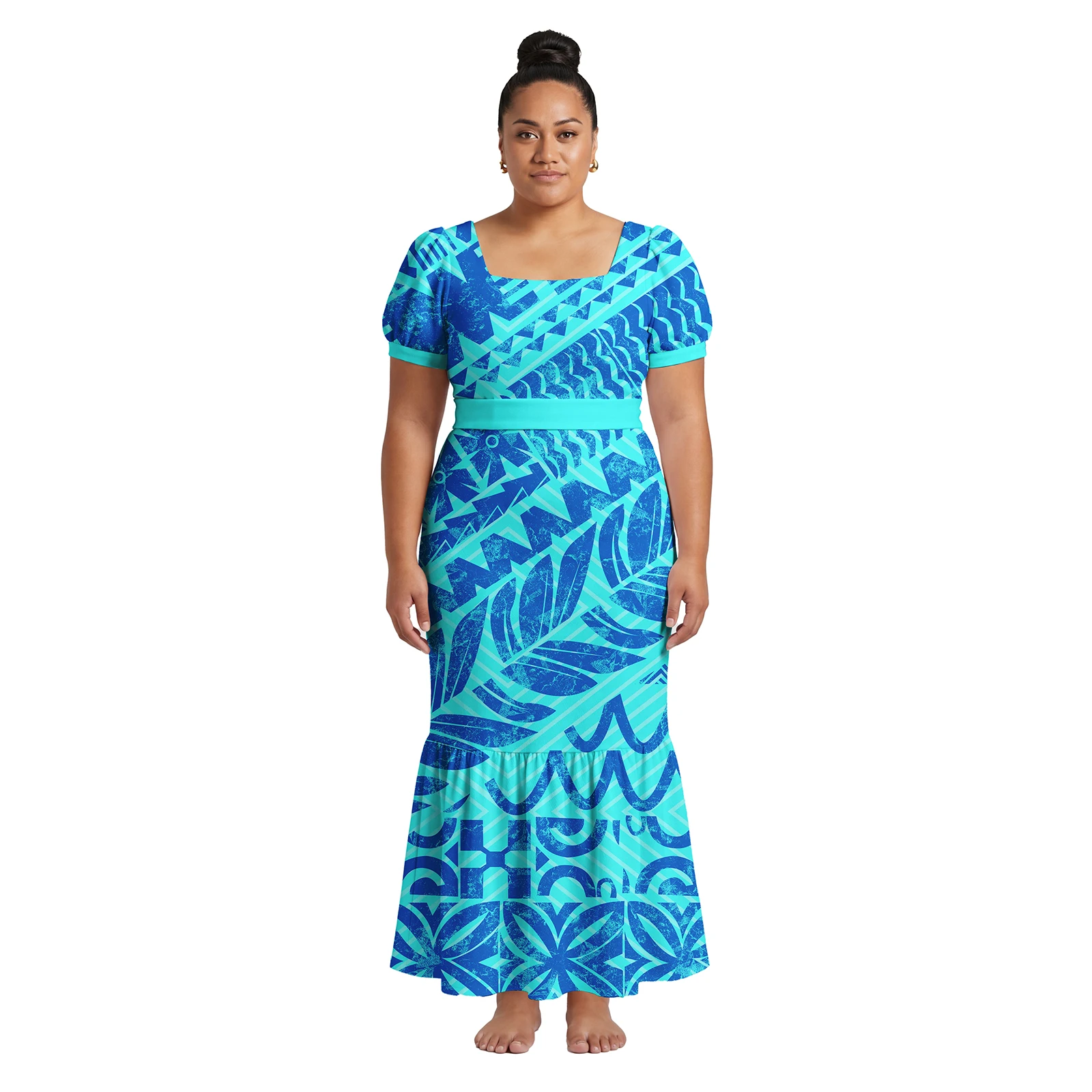 Samoan Polynesian Tribal Design Lady Dresses Ladies Holiday Clothes Hawaiian Women Trendy Square Neck Sashes Mermaid Long Dress