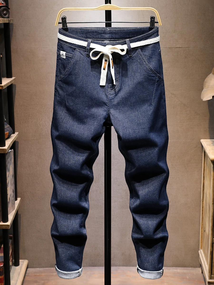 

Blue Non-fading Men's Slim Fit Casual Jeans Drawstring Elastic Waist Straight Leg Spring Summer High End Cotton Stretch Denim