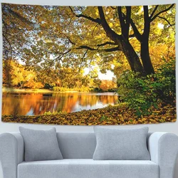 Autumn Yellow Forest Stream Landscape Tapestry Maple Trees Leaves Wall Hanging Hippie Tapiz  Decor Tapestries  Carpets