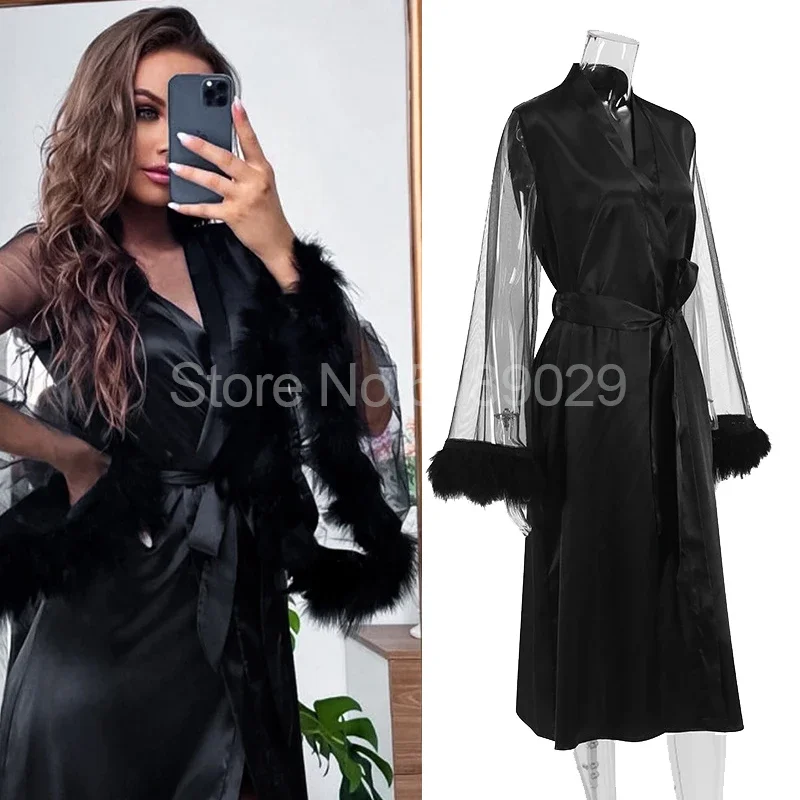 

Sleepwear Female Nightwear Feather Bathrobe Sexy Bride Bridesmaid Wedding Robe Intimate Lingerie Casual Satin Long Nightgown