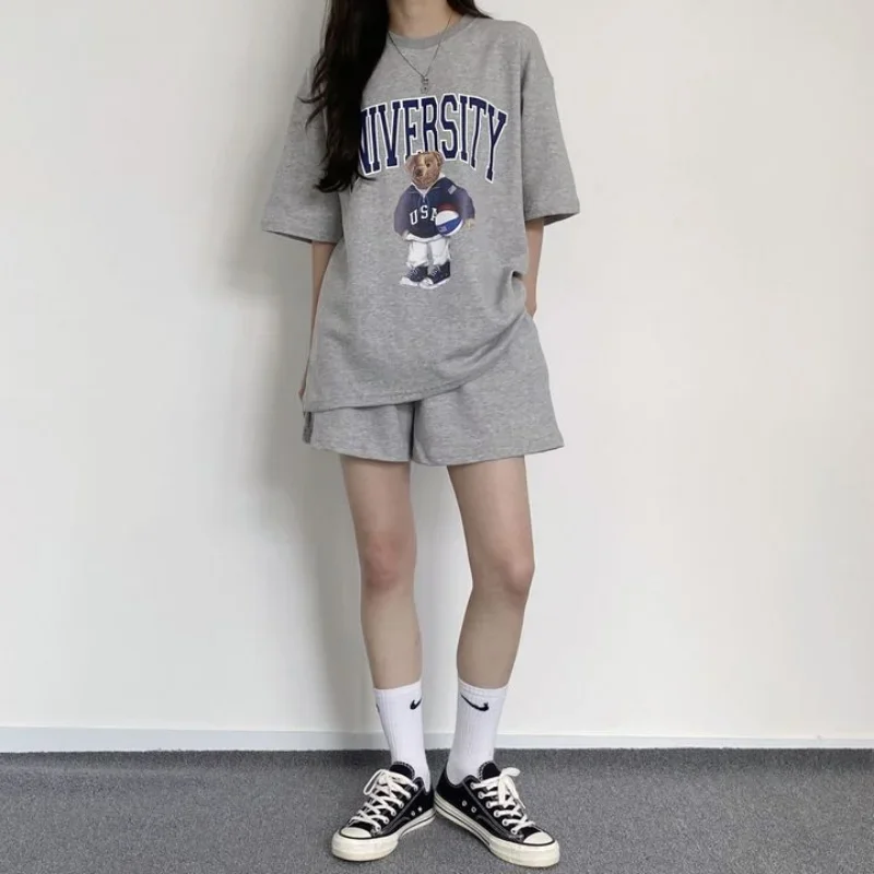 2024 New Casual Loose Two Pieces Short Sleeve T Shirt and High Waist Short Pants Suits Summer Cotton Bear Print Short Sets Women