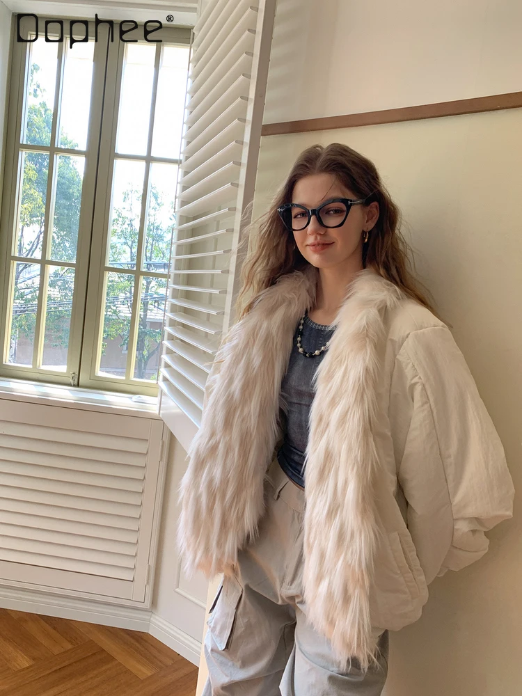 Corea Ins Street blanco ecológico piel sintética Patchwork invierno nuevas chaquetas de algodón grueso para mujeres Chaqueta corta de piel de gama alta