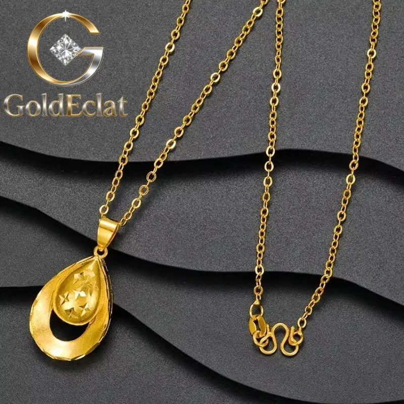 

GoldEclat Fashionable 9999 24K Real Gold Luxury Sandblasted Water Droplet Style Collarbone Chain Necklace for Women Fashionable