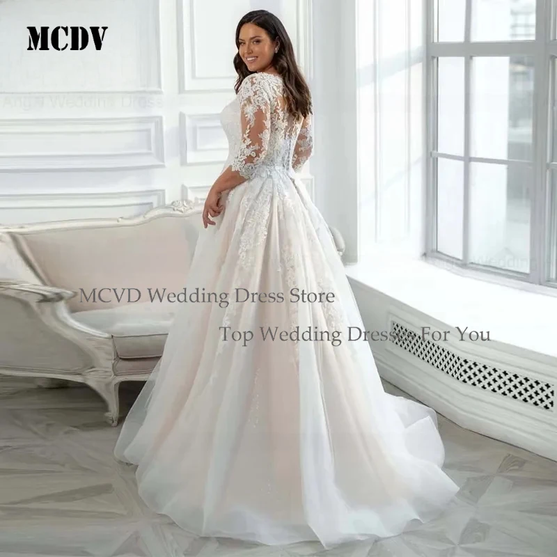 

MCDV Custom Plus Size Wedding Dresses 2026 A Line Scoop Appliques 3 4 Sleeves Tulle Bridal Gowns