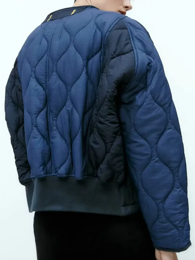 2025 Winter Women's Elegant Warm Loose Patchwork Navy Blue Parkas Coats Female Street Oversized O-neck Padded Thicken Jackets