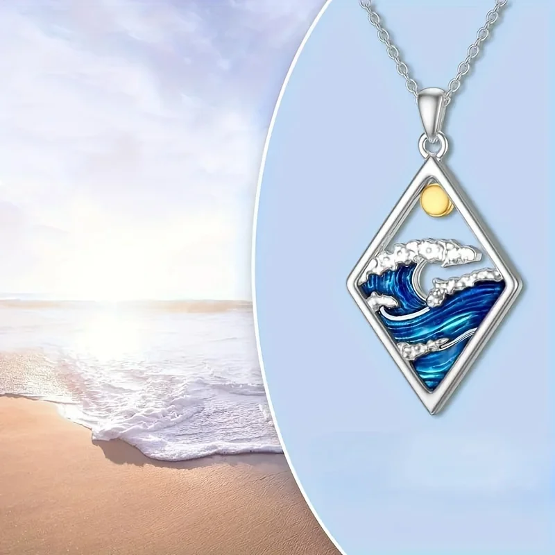 Personalized blue wave sun rhombus pendant necklace, suitable for women's marine summer style neck accessories