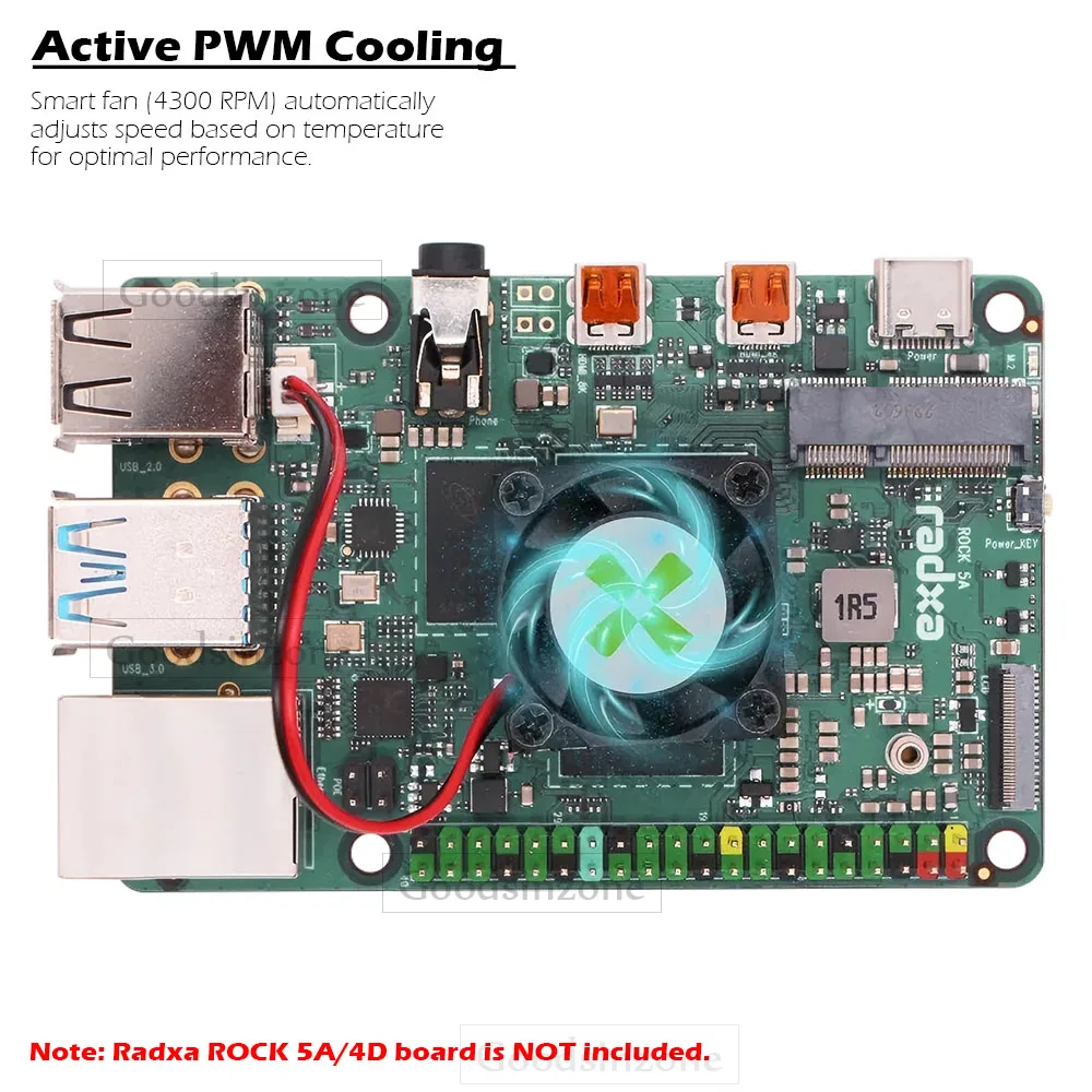 Radxa ROCK 5A & 4D Active Cooling Kit - PWM Aluminum Heatsink with Adjustable Cooling Fan for SBC Projects