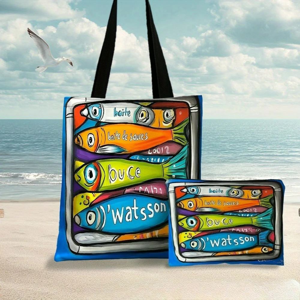 Colorful 2pcs Of Sardines Box Artwork Tote Bag Beach Bag Makeup Bags Vibrant Design Shopping Shoulder Bag Travel Toiletry Bag