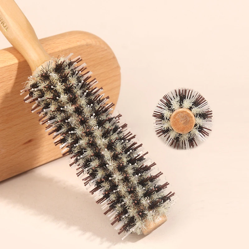 Natural Boar Bristle Roller Brush Barber Hair Roller Wood Hair Brush Round Barrel Hair Comb For Women Curly Hair Hairdressing