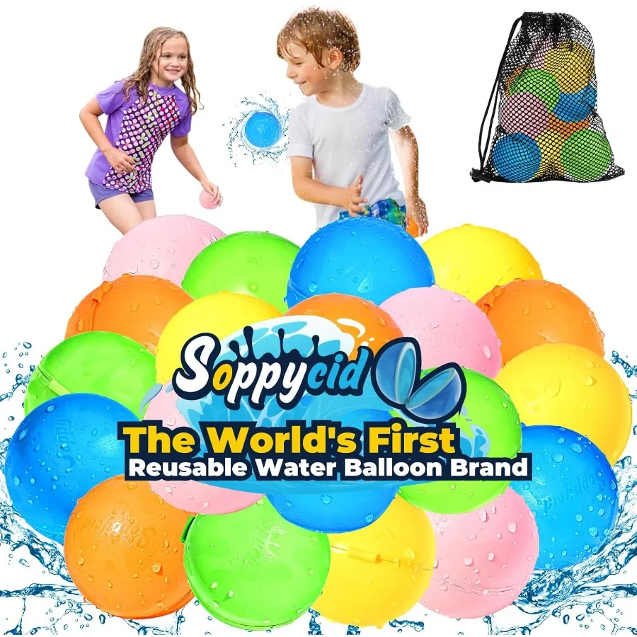 SOPPYCID 20 pièces ballons d'eau réutilisables auto-scellant rechargeable bombe à eau balles anti-éclaboussures piscine plage jouets d'eau pour les 3 à 12 ans jouet