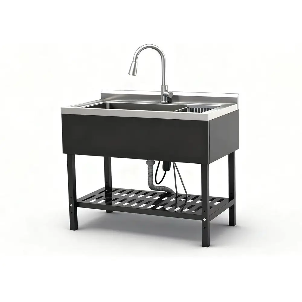 

40" Commercial Stainless Steel Kitchen Utility Sink, Black Metal Stand with Storage Shelf, Free Standing Chrome Pull-Down Faucet