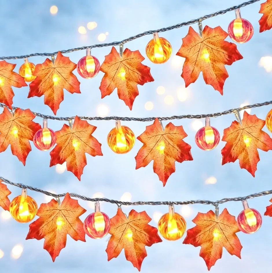Pumpkin Maple Leaf LED Garland Fairy Lights Battery Powered Warm White String Lights for Halloween Fall Thanksgiving Fall Decor