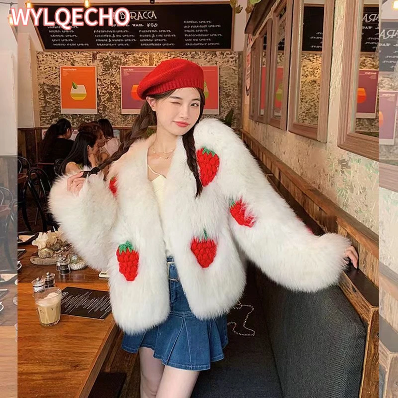 2023 Autumn Winter Pink Sweet Strawberr Faux Fur Coats Women Elegant Thick Warm Pink Plush Jacket Female Shaggy Outerwear