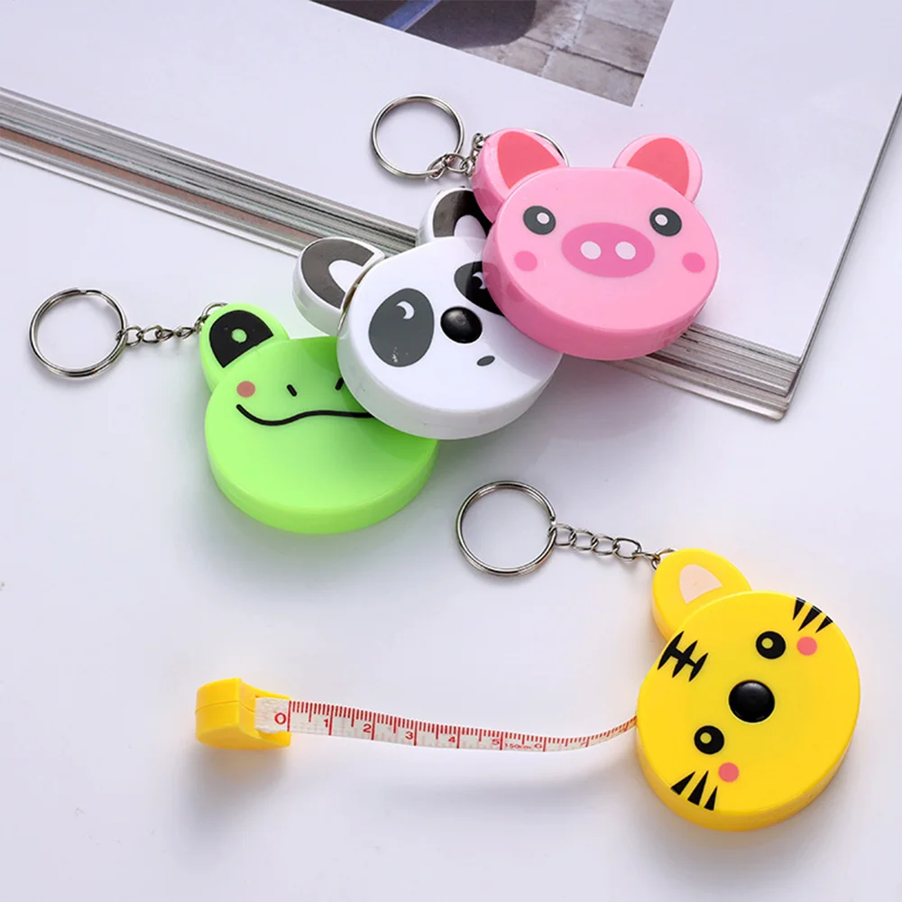 Multifunctional Tape Measure Cartoon Key Ring Tiger Piggy Panda Frog Shape Automatic Telescopic Leather Tape Measuring Tool