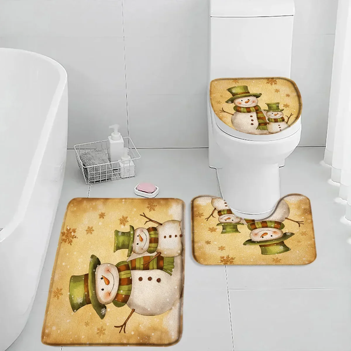 3Pcs Winter Snowman Bath Mat Christmas Cartoon Snowflake Plant Vintage Modern Cute Home Bathroom Decor Rug Set Toilet Cover