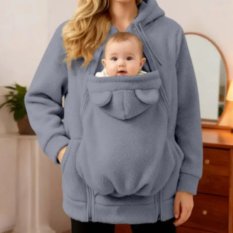 Purcoral Women Maternity Hoodie Fleece Baby Carrier Multi Function Nursing Zip Up Mom And Baby Sweatshirt Coat