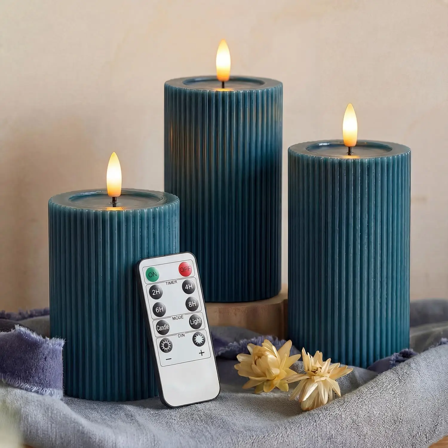 

Fluted Ribbed LED Pillar Candles, Blue, with Realistic Reflective Melted-Wax Effect – Flickering