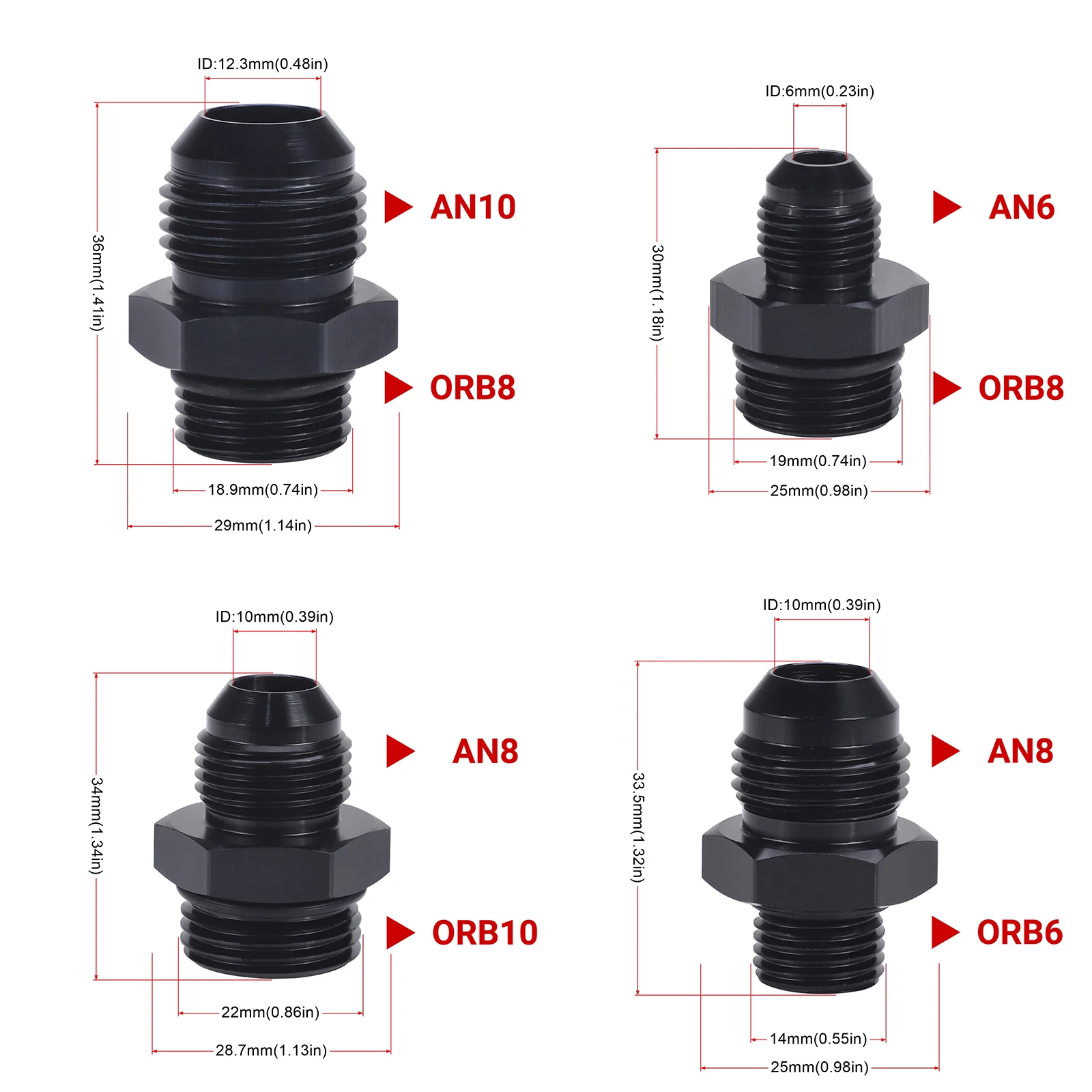 Adapter 8AN Anschlüsse Männlich Schwarz ORB-6 ORB-10 O-Ring Boss zu AN6 6AN AN8 AN10 6061-T6 Aluminium Flare-Anschluss – Detail 1