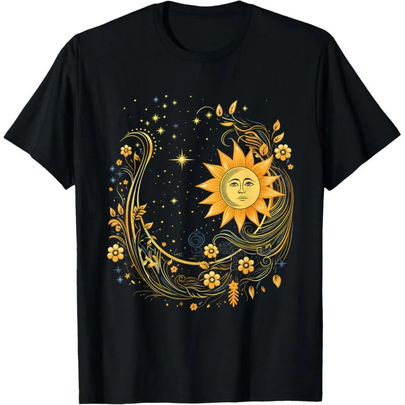 

Mysterious Sun and Moon Women's Flower Printed Aesthetic Creative T-shirt