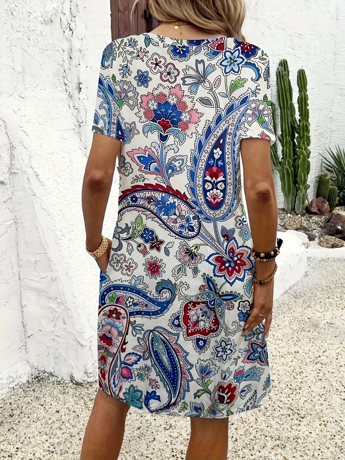 半袖,ラウンドネック,ファッショナブルなプリントドレス