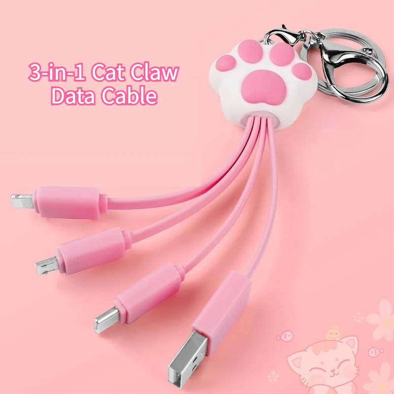 Cat Claws Triple-Function Data Cable, Cute Keychain with Girls' Charm, Charging Cable, Pink, Portable, Mini Data Cable