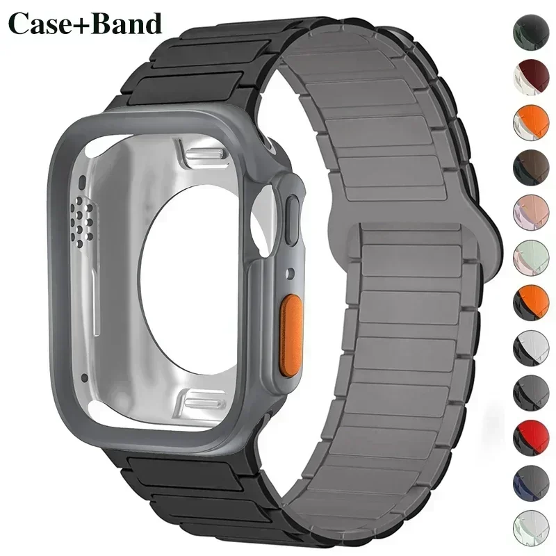 Magnetic Loop Band+case for Apple Watch Band 44mm 45 40 41mm Silicone Bracelet Upgrade Ultra 2 for IWatch Series 9 8 7 6 5 4 SE