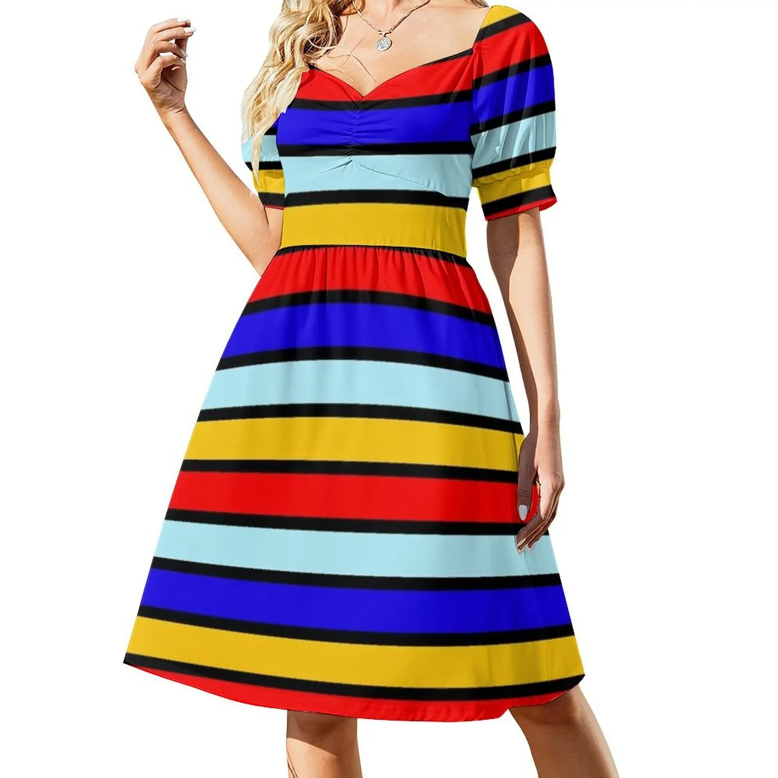 فستان قصير بخطوط صفراء متباينة باللونين الأحمر والأزرق على طراز Preppy للنساء على شكل حرف a فستان يوم كاجوال فضفاض أحمر أزرق أصفر #2