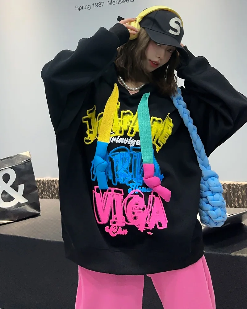 Casual Hoodies Women\'s Sweatshirt 2024 Graffiti Letter Pullovers Long Sleeve Tops Korean Vestidos Streetwear Bust130cm Length72