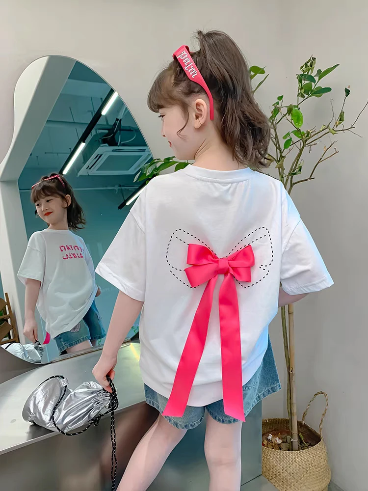 

Летняя футболка для девочек в корейском стиле с бантом, короткий рукав, свободный крой, модная футболка в стиле принцессы, повседневная детская одежда для девочек