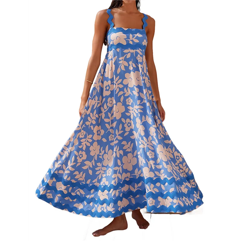 Women's Summer Boho Spaghetti Strap Square Neck Ruffle Casual Flowy Long Dress Beach Swing Party Maxi Dress