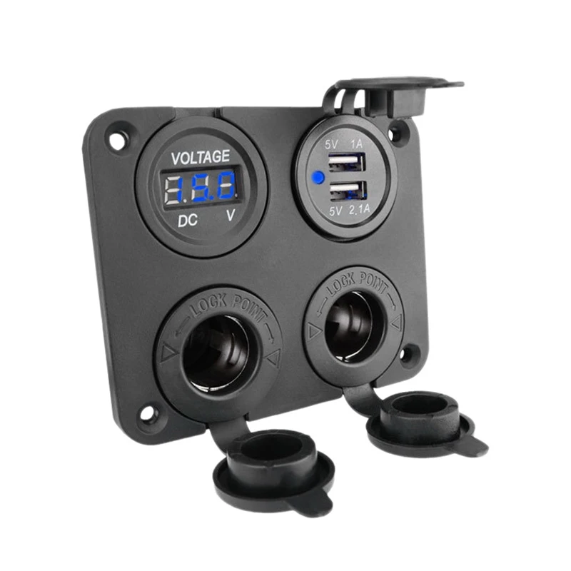 12-24V Dual USB Outlet Volt Power Outlet 4 in 1 with Blue LED Voltage Display Lighter Socket Switch Panel for Car Boat