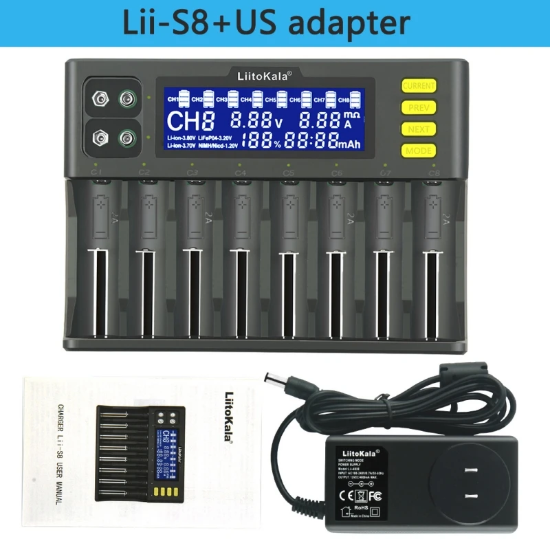 LiitoKala Lii-S8 Double slot 18650 Battery Charger 1.2V 3.7V 3.2V AA/AAA 26650 21700 NiMH 9V