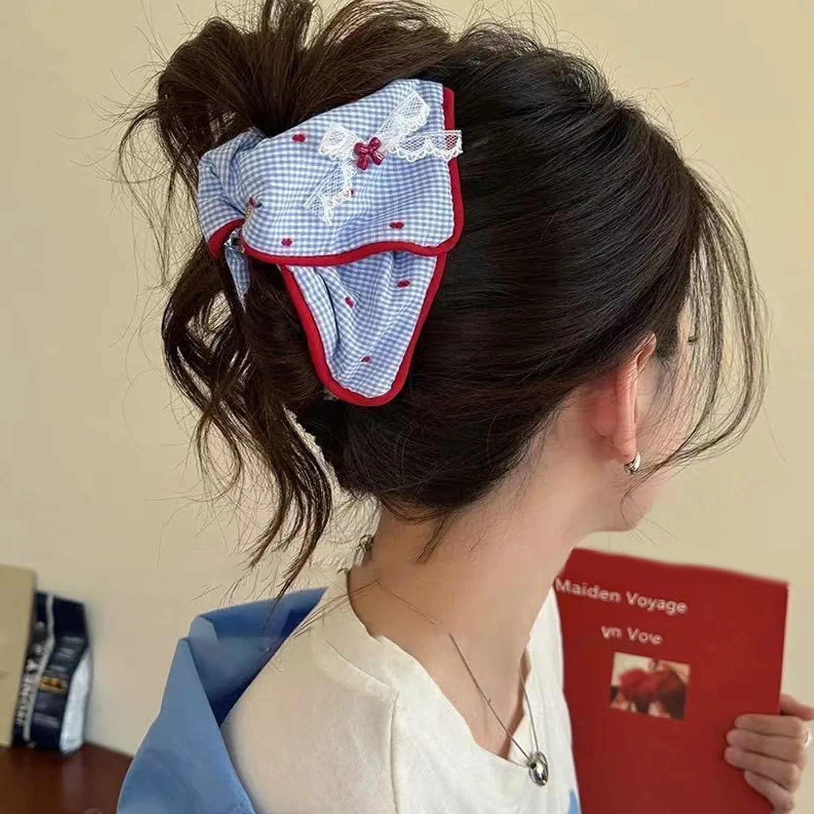 Korean Style Fabric Bow Triangle Hair Claw Clip Sweet Blue Plaid Grip Pattern Hair Accessory Daily Commute Party Styling Women