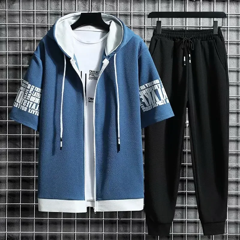 Set for Men Summer Men\'s Sports Suit 2-piece Print T-shirt Casual Hooded Quick Dry Running Long Pant Clothes Short Sleeve Shorts