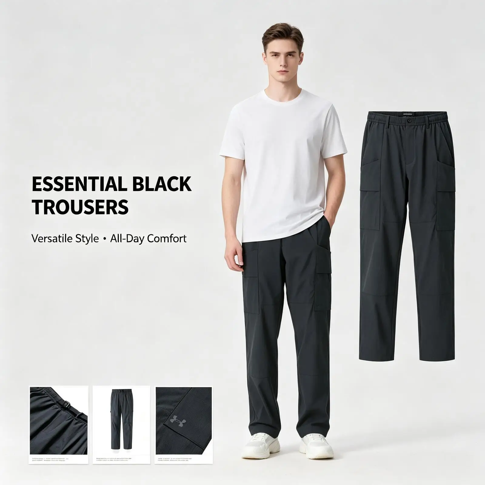 Under Armour Black Slim Straight Pants for Women Men Smooth Fabric Casual Trousers Versatile Business Daily Wear 6009581-016