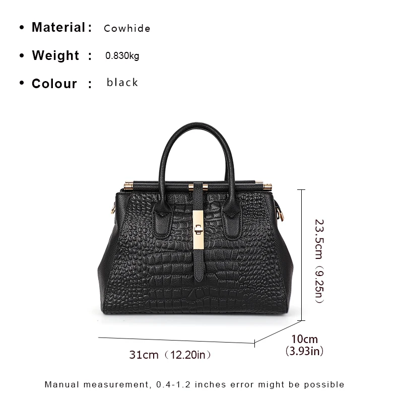 Aidrani Genuine leather women\'s handbag, large capacity crocodile patterned cowhide bag, black