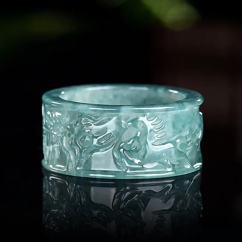 Natural Myanmar Jadeite Horse Ring Jewelry Designer Accessories Talismans Charm Amulet Luxury Real Jade Gifts for Women