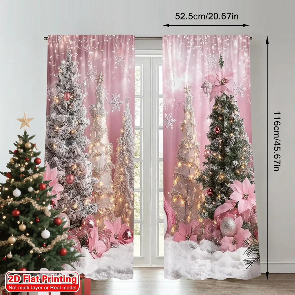 2pcs 2D flat printing Fashionable Christmas Curtains Holiday Snowman and Ice Crystal Christmas Tree Scene Digital Printed