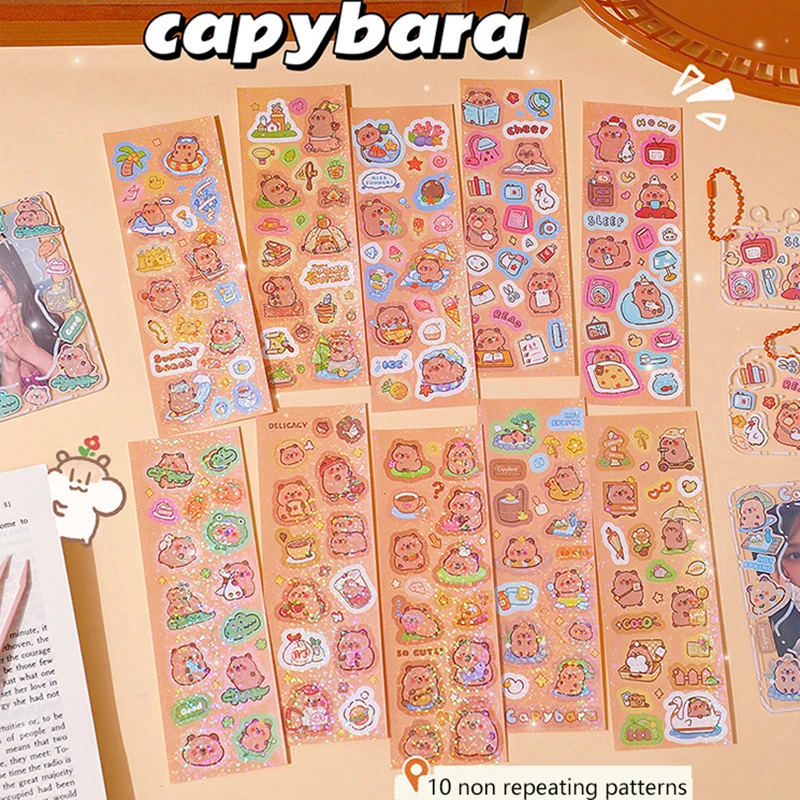 10Pcs Cute DIY Diary Decorative Sealing Sticker Creative Laser Capybara Stickers Album Stick Label Waterproof Decoration Sticker