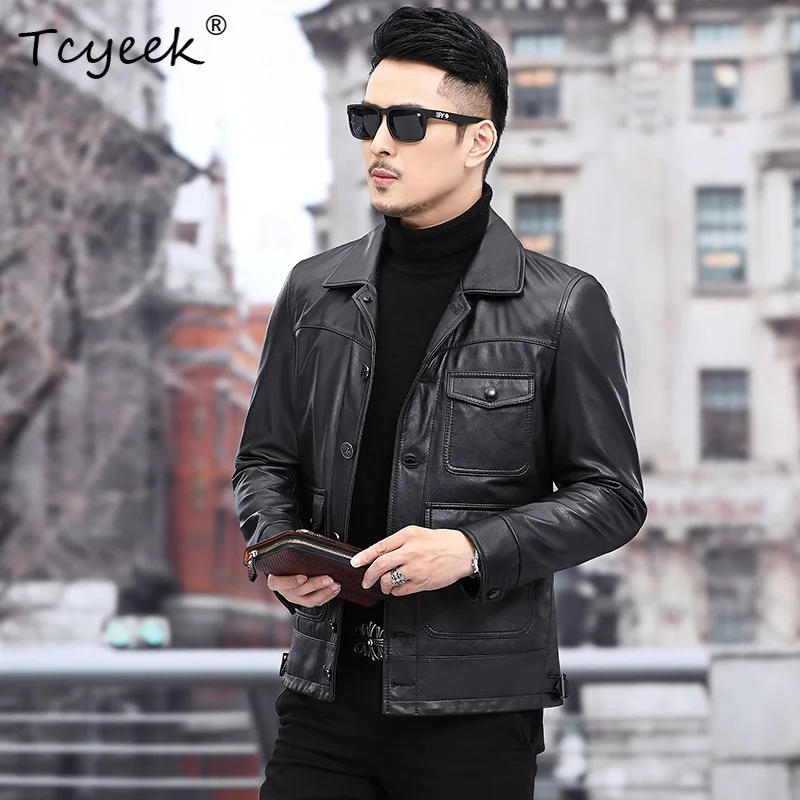Tcyeek Top Layer Cowhide Real Leather Jacket Men Autumn Clothes Business Casual Leather Coat Male Black Trendy Jaqueta De Couro