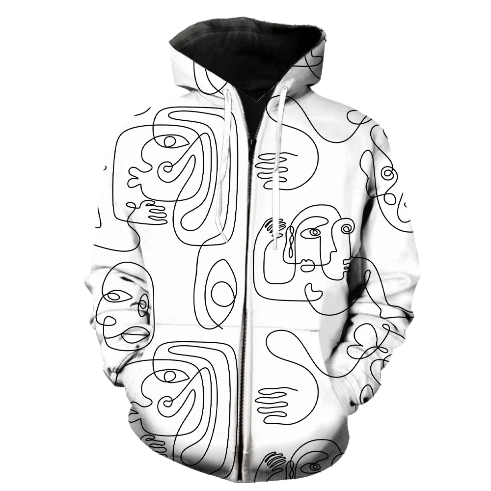 

Abstract Line Portrait Men's Zipper Hoodie 3D Printed Sweatshirts Long Sleeve Teens Hip Hop Tops Harajuku Casual Cool Unisex