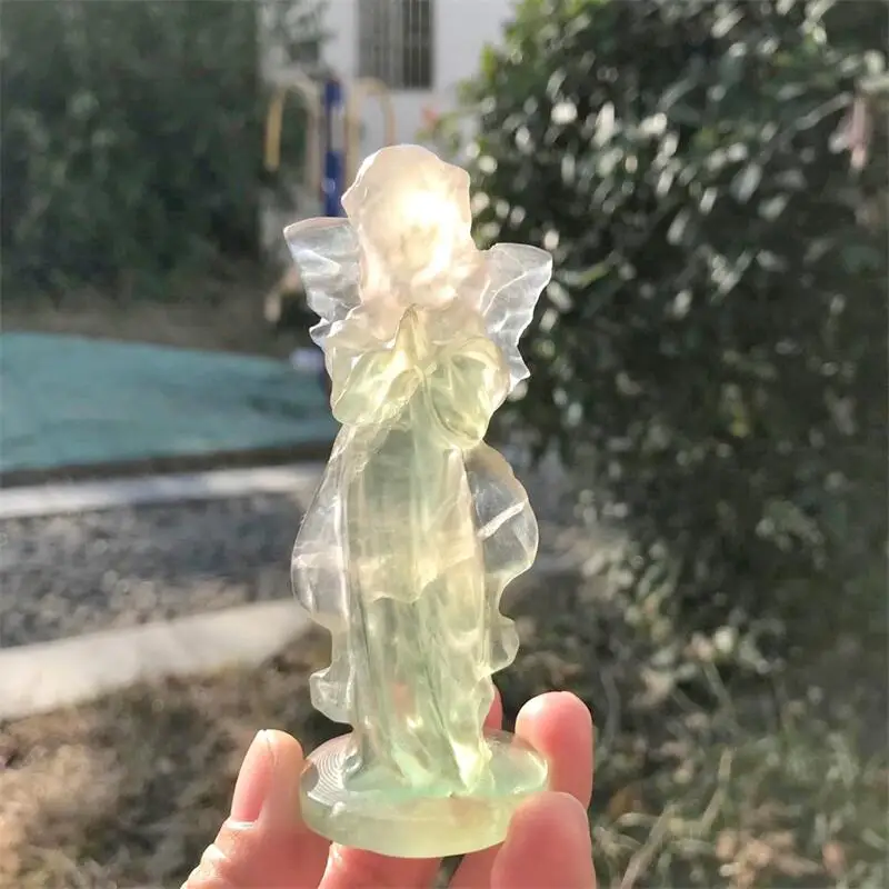 10CM Natural Fluorite Angel Figurine Stone Carved Crafts Gemstone Crystal Carving Healing Home Decorating Birthday Gift 1pc