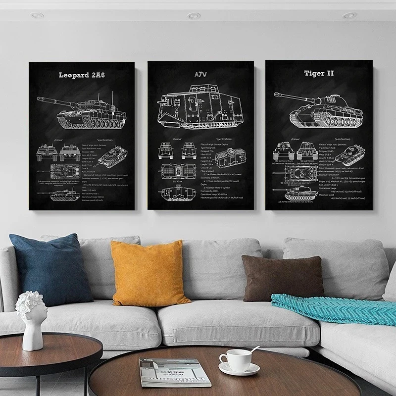 الدبابات مخطط الأسود المشارك الألمانية الثقيلة دبابة الجيش الأمريكي الحرب العالمية حائط لوح رسم الفن لغرفة المعيشة ديكور المنزل جدارية