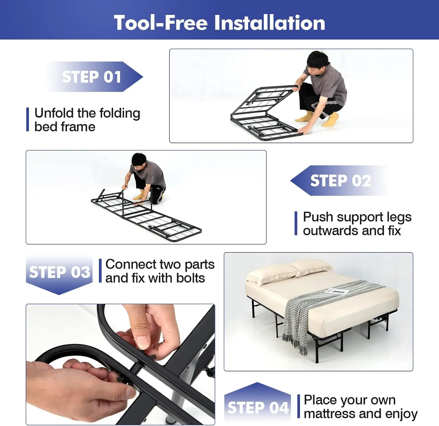 Bed Frame, Queen/King Size Portable Bed Base for Kids, Teens & Adults, Tool-Free Assembly, No Box Spring Needed,