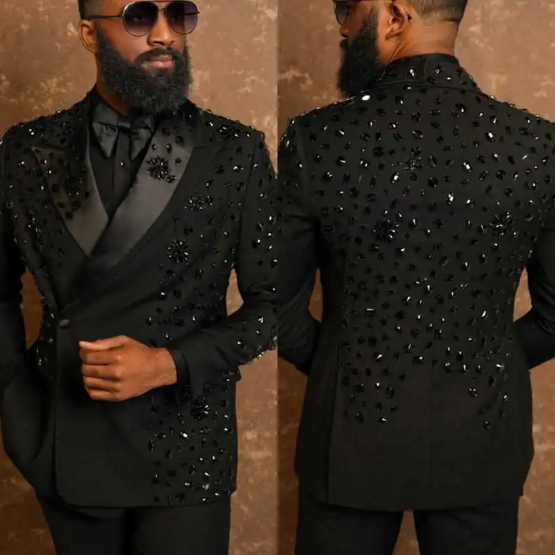 

Sparkly Men Suits 2 Pieces Jacket Pants Double Breasted Diamond Prom Tuxedo Wedding Customized trajes para hombre