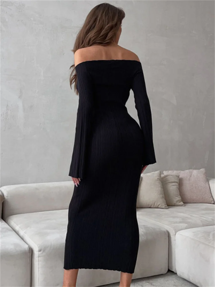 Tossy Ribbed Off-Shoulder Knit Long Dress For Women Slim Elegant Long Sleeve High Waist Backless Dress Knitwear Loose Maxi Dress