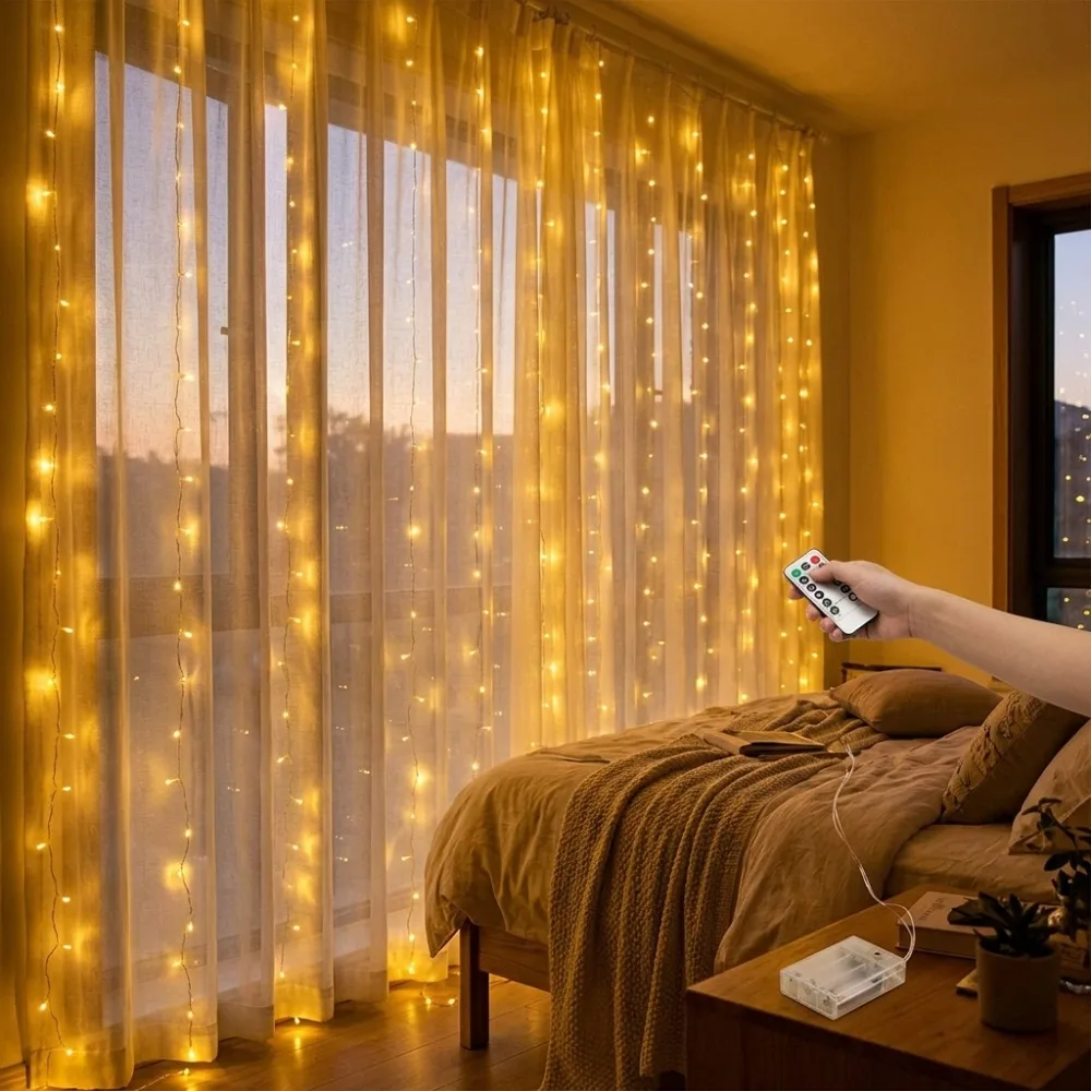 Battery Operated Fairy Curtain Lights Remote 3 Colors for Christmas Wedding Bedroom Party Festive Room Window Balcony Decor